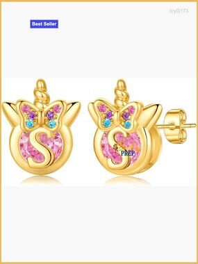 Sterling Silver Post Hypoallergenic Initial Earrings with Pink CZ Unicorns
